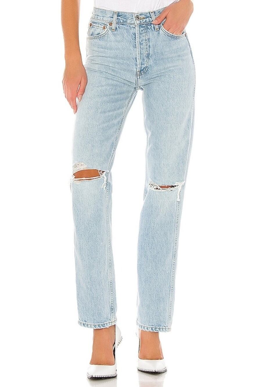 Re/Done Light Wash High Rise Straight Jeans with Knee Rips